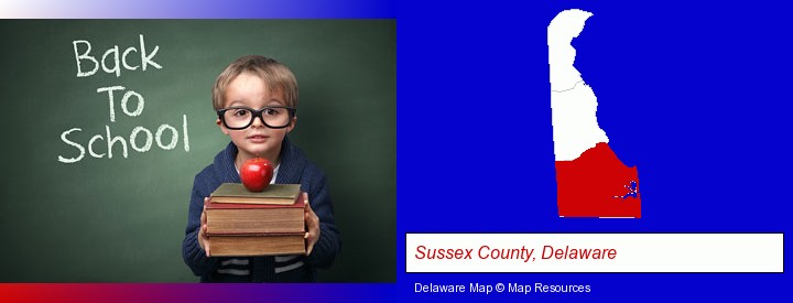 the back-to-school concept; Sussex County, Delaware highlighted in red on a map