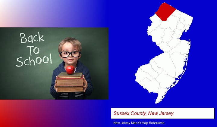 the back-to-school concept; Sussex County, New Jersey highlighted in red on a map