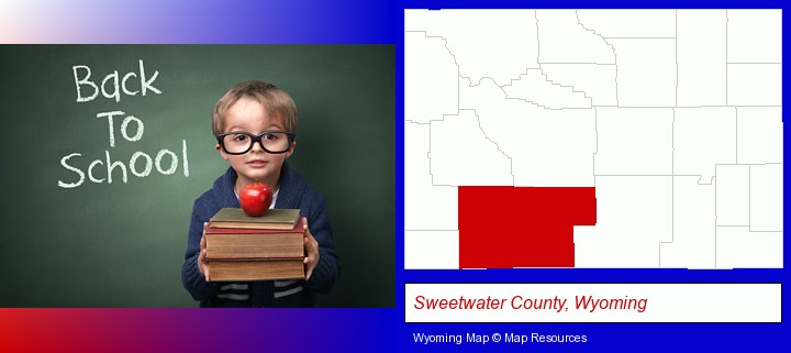 the back-to-school concept; Sweetwater County, Wyoming highlighted in red on a map