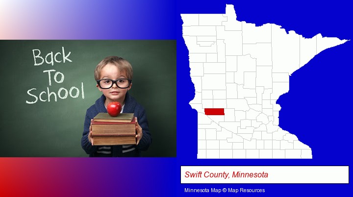 the back-to-school concept; Swift County, Minnesota highlighted in red on a map