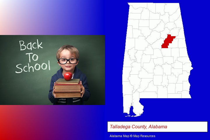 the back-to-school concept; Talladega County, Alabama highlighted in red on a map