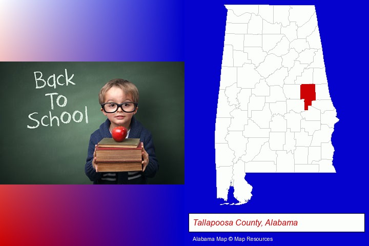 the back-to-school concept; Tallapoosa County, Alabama highlighted in red on a map