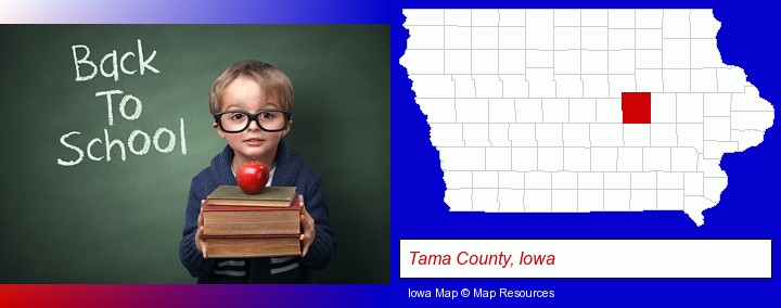 the back-to-school concept; Tama County, Iowa highlighted in red on a map