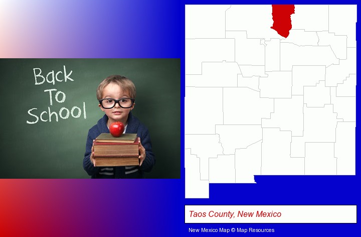 the back-to-school concept; Taos County, New Mexico highlighted in red on a map