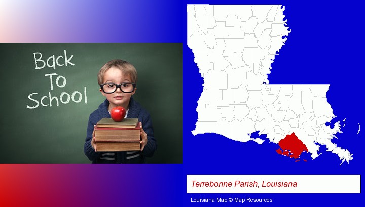 the back-to-school concept; Terrebonne Parish, Louisiana highlighted in red on a map