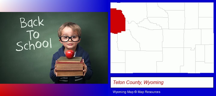 the back-to-school concept; Teton County, Wyoming highlighted in red on a map