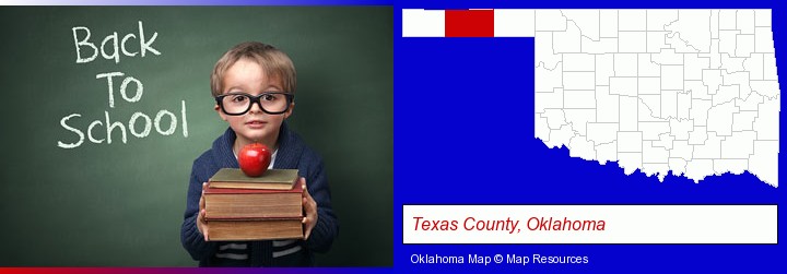 the back-to-school concept; Texas County, Oklahoma highlighted in red on a map