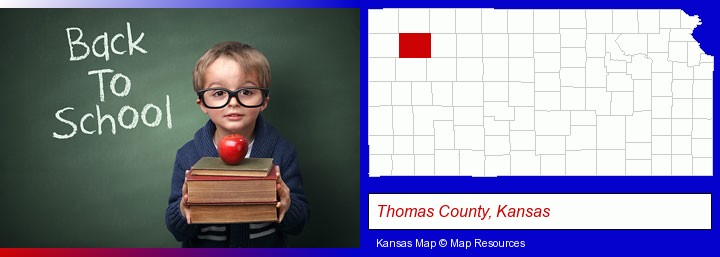 the back-to-school concept; Thomas County, Kansas highlighted in red on a map