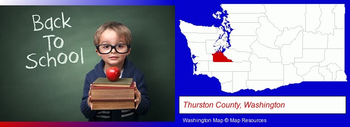 the back-to-school concept; Thurston County, Washington highlighted in red on a map