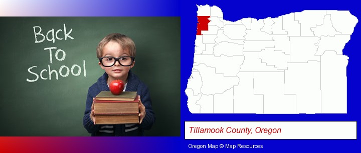 the back-to-school concept; Tillamook County, Oregon highlighted in red on a map