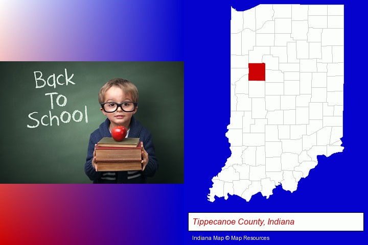the back-to-school concept; Tippecanoe County, Indiana highlighted in red on a map