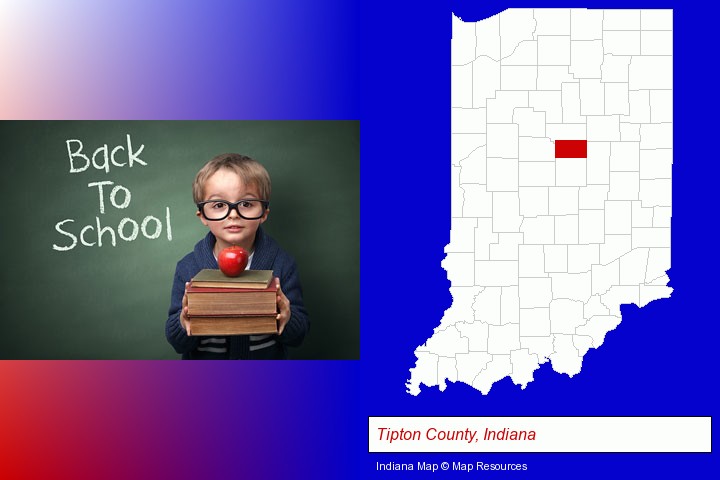 the back-to-school concept; Tipton County, Indiana highlighted in red on a map