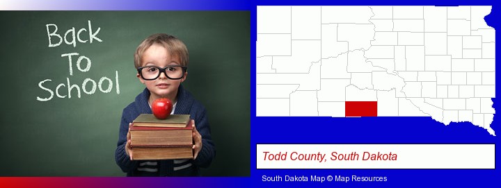 the back-to-school concept; Todd County, South Dakota highlighted in red on a map