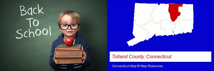 the back-to-school concept; Tolland County, Connecticut highlighted in red on a map