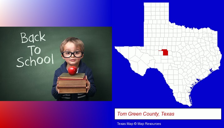 the back-to-school concept; Tom Green County, Texas highlighted in red on a map