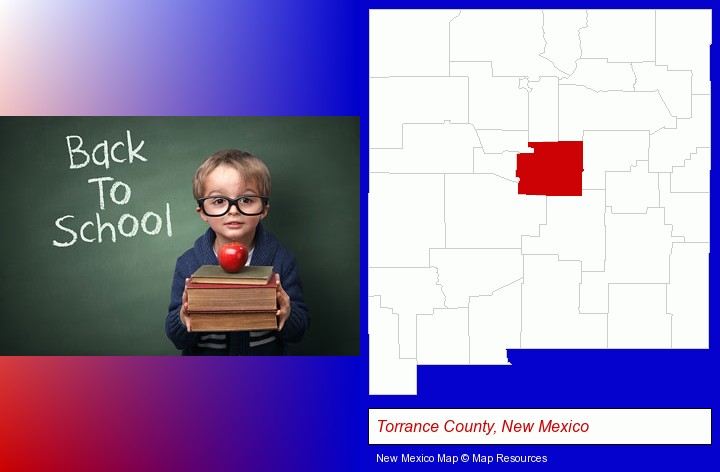 the back-to-school concept; Torrance County, New Mexico highlighted in red on a map