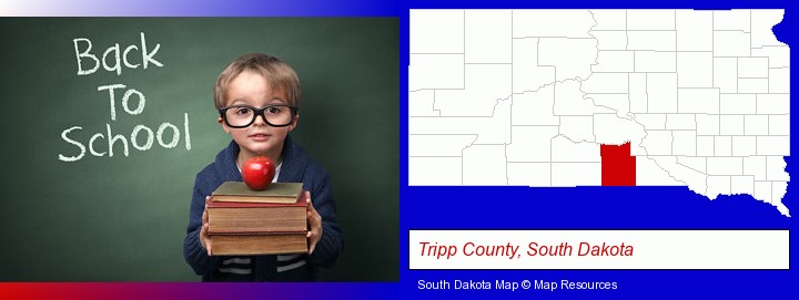 the back-to-school concept; Tripp County, South Dakota highlighted in red on a map