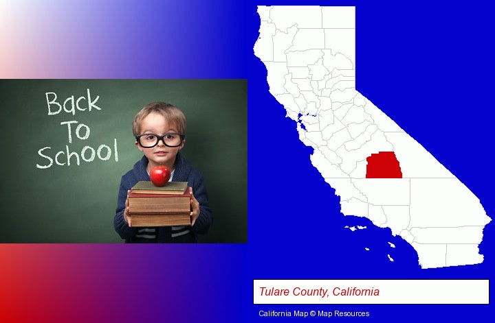 the back-to-school concept; Tulare County, California highlighted in red on a map