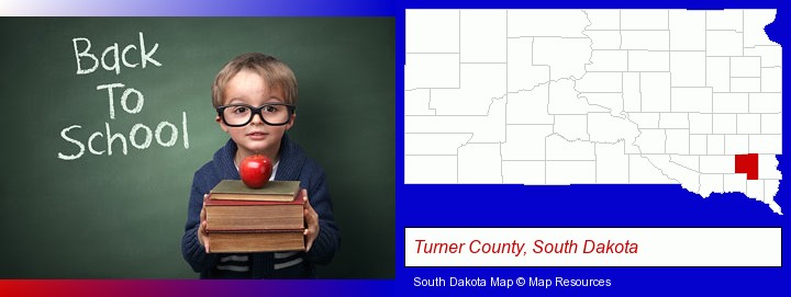 the back-to-school concept; Turner County, South Dakota highlighted in red on a map