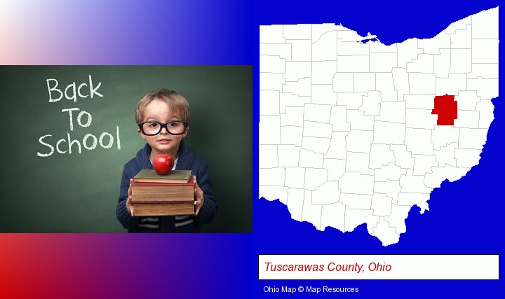the back-to-school concept; Tuscarawas County, Ohio highlighted in red on a map