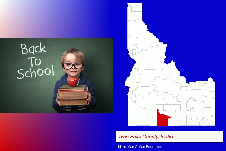 the back-to-school concept; Twin Falls County, Idaho highlighted in red on a map