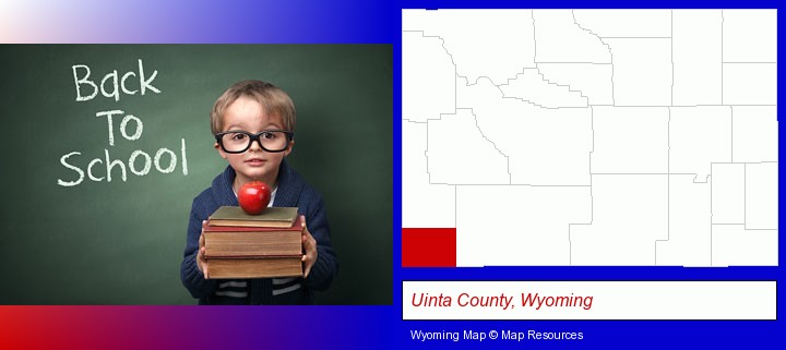 the back-to-school concept; Uinta County, Wyoming highlighted in red on a map
