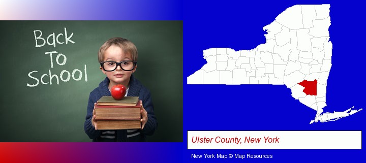 the back-to-school concept; Ulster County, New York highlighted in red on a map