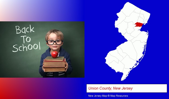 the back-to-school concept; Union County, New Jersey highlighted in red on a map
