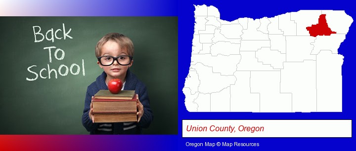 the back-to-school concept; Union County, Oregon highlighted in red on a map
