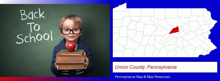 the back-to-school concept; Union County, Pennsylvania highlighted in red on a map