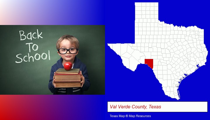 the back-to-school concept; Val Verde County, Texas highlighted in red on a map