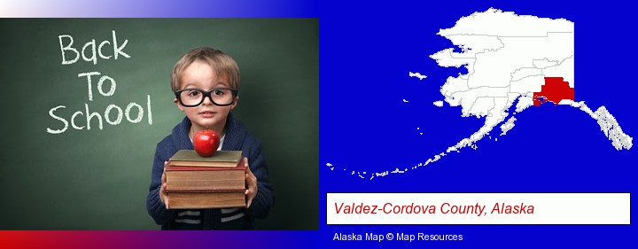 the back-to-school concept; Valdez-Cordova County, Alaska highlighted in red on a map