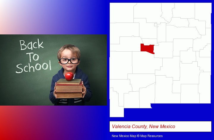 the back-to-school concept; Valencia County, New Mexico highlighted in red on a map