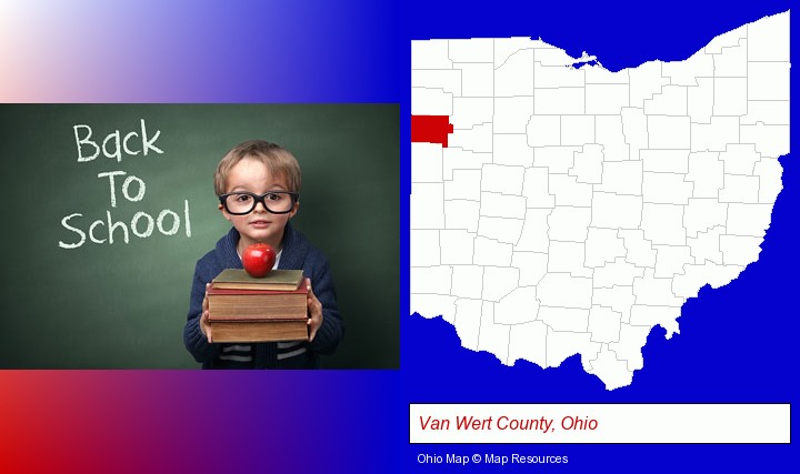 the back-to-school concept; Van Wert County, Ohio highlighted in red on a map