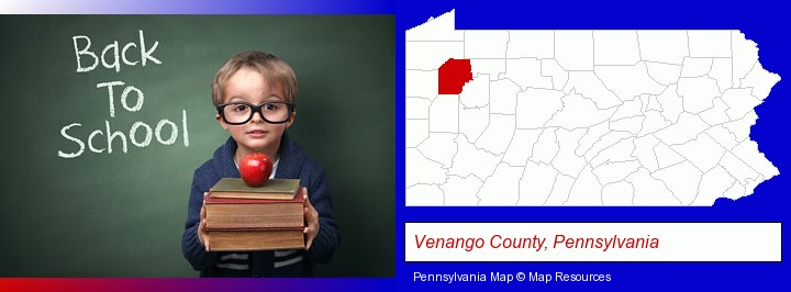 the back-to-school concept; Venango County, Pennsylvania highlighted in red on a map