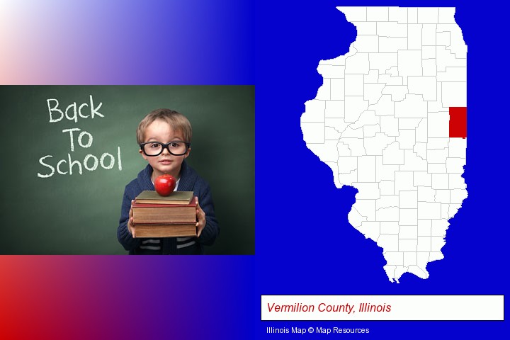 the back-to-school concept; Vermilion County, Illinois highlighted in red on a map