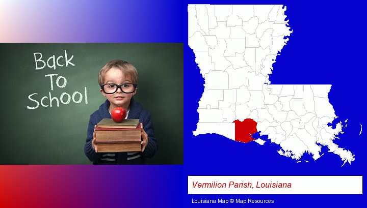 the back-to-school concept; Vermilion Parish, Louisiana highlighted in red on a map