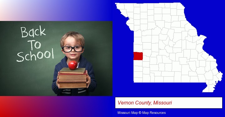 the back-to-school concept; Vernon County, Missouri highlighted in red on a map
