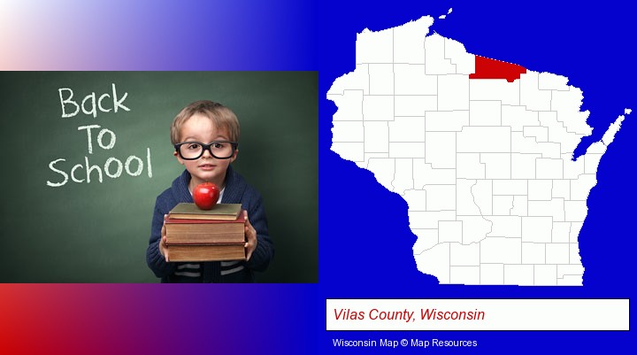 the back-to-school concept; Vilas County, Wisconsin highlighted in red on a map