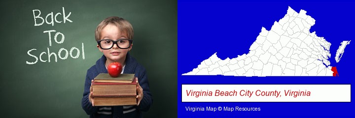 the back-to-school concept; Virginia Beach City County, Virginia highlighted in red on a map