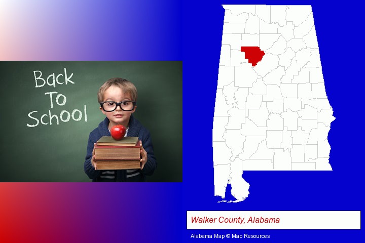 the back-to-school concept; Walker County, Alabama highlighted in red on a map