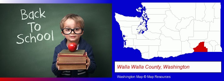 the back-to-school concept; Walla Walla County, Washington highlighted in red on a map