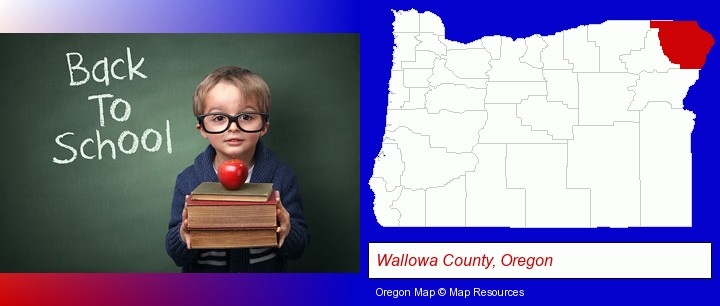 the back-to-school concept; Wallowa County, Oregon highlighted in red on a map