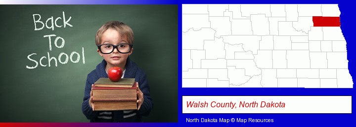 the back-to-school concept; Walsh County, North Dakota highlighted in red on a map