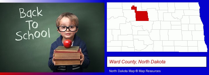 the back-to-school concept; Ward County, North Dakota highlighted in red on a map