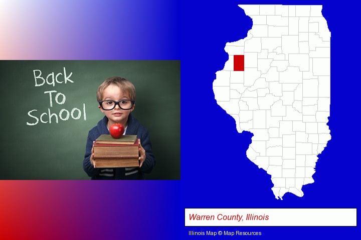 the back-to-school concept; Warren County, Illinois highlighted in red on a map