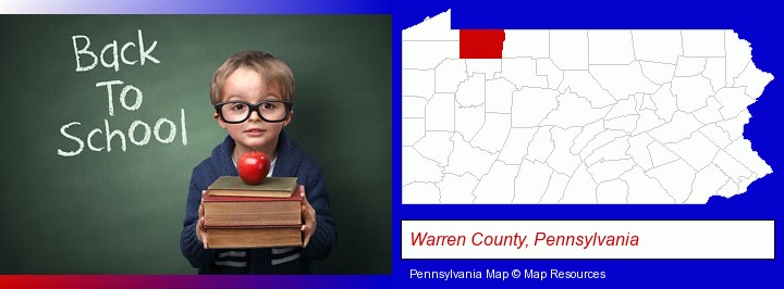 the back-to-school concept; Warren County, Pennsylvania highlighted in red on a map