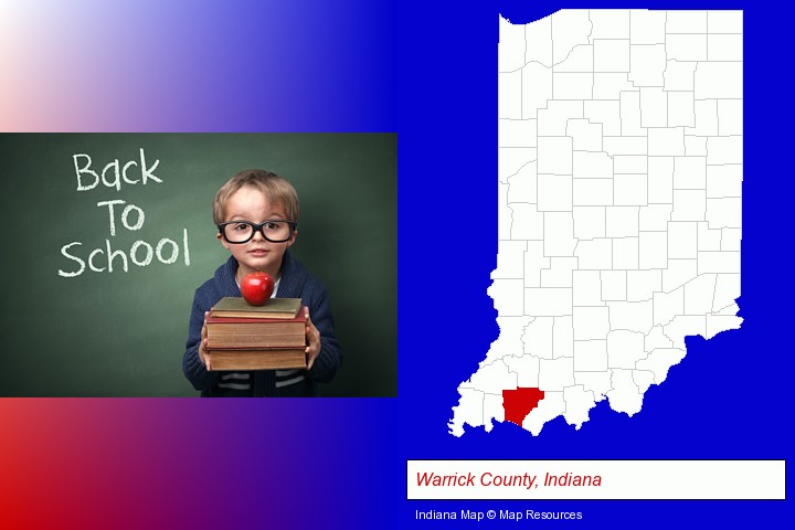 the back-to-school concept; Warrick County, Indiana highlighted in red on a map