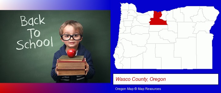 the back-to-school concept; Wasco County, Oregon highlighted in red on a map