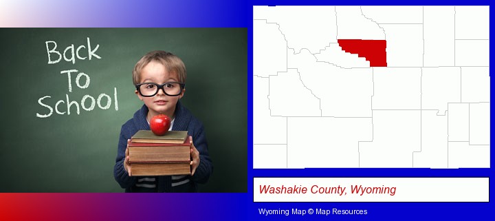 the back-to-school concept; Washakie County, Wyoming highlighted in red on a map